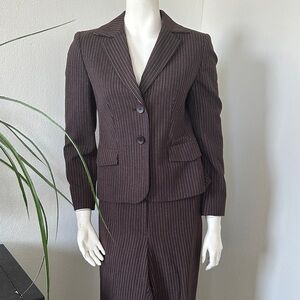 Jones New York Brown Pink Pinstripe Suit Set 2P Petite Blazer & Pants wool blend